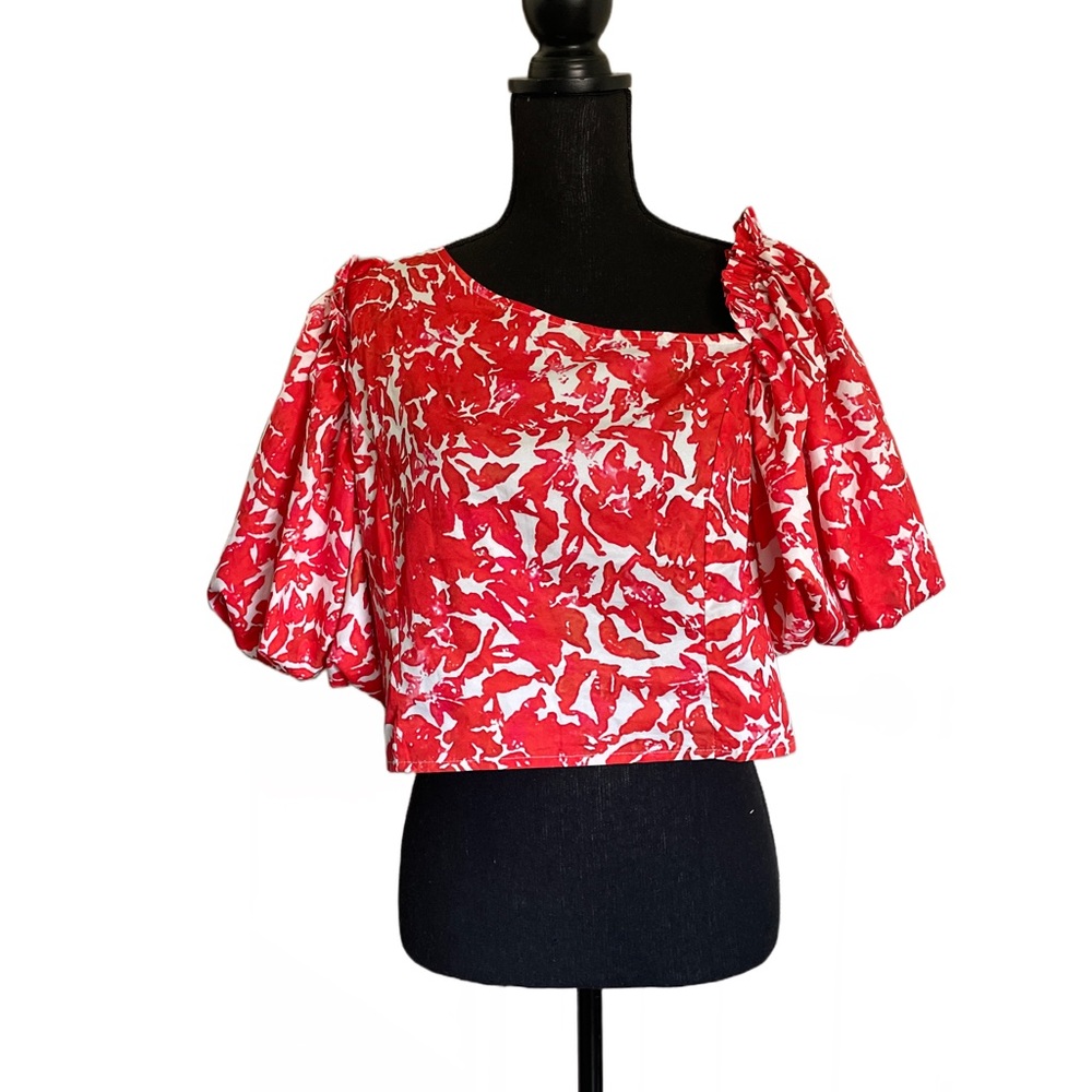 JJ's Fairyland White & Red floral Blouse puffy sleeve Size l polyester